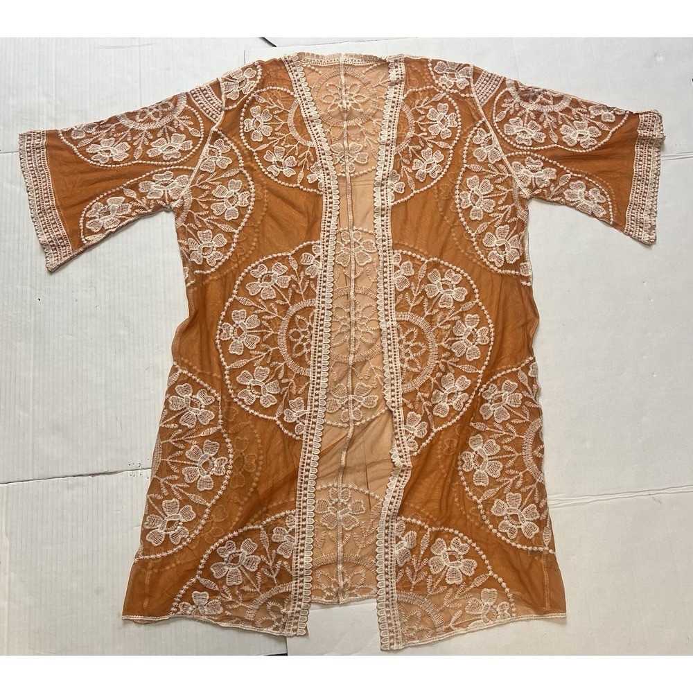Boho Open Front Duster Cardigan Embroidered Lace Mesh Cover Up Kimono One Size